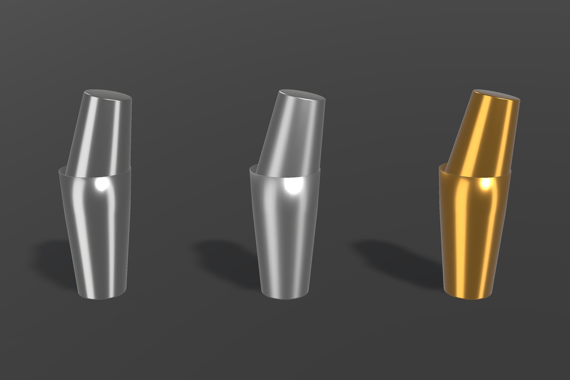Three assembled Boston shakers in polished steel, satin steel and brass against a dark studio background