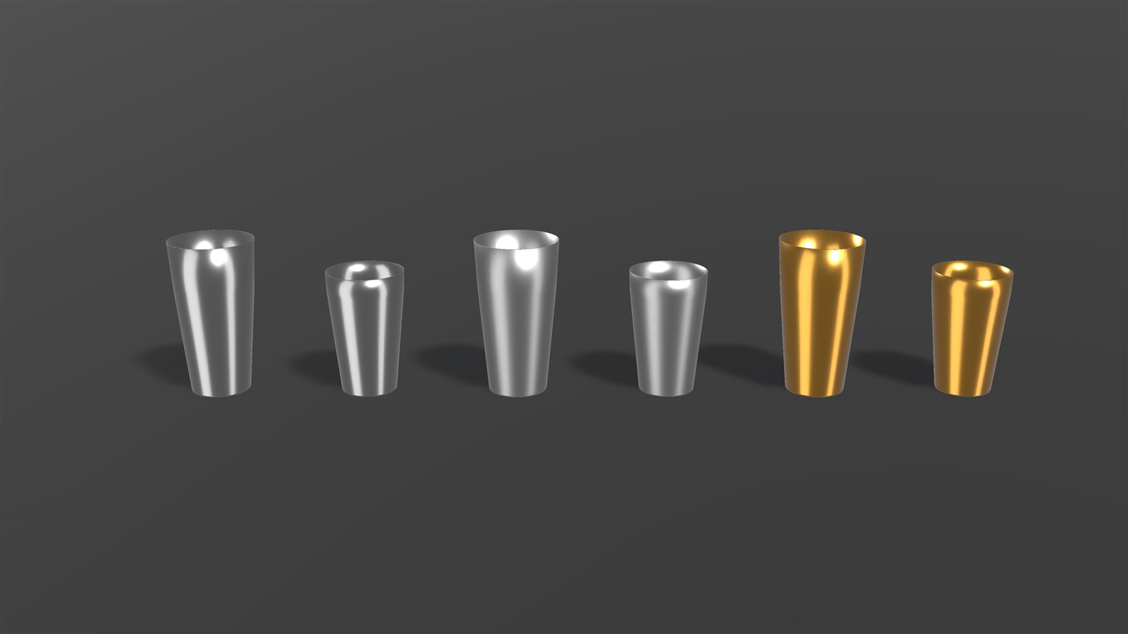 Large and small shaker tins displayed separately in three metal finishes